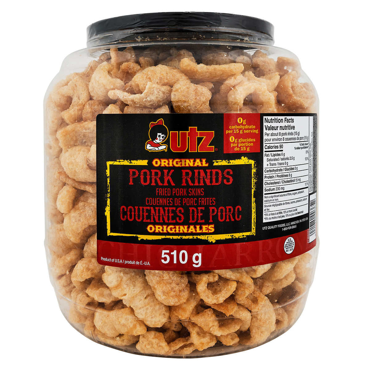 Utz Original Pork Rinds, Fried Pork Skins, 510g/17.8 oz. Tub {Imported from Canada}